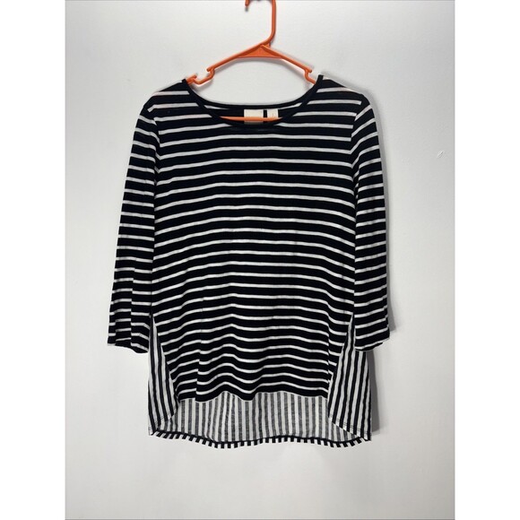 Chico's Pullover Top Blouse embroidery Black/White Stripe 100% Cotton 3/4 Sz 1 - Picture 1 of 11